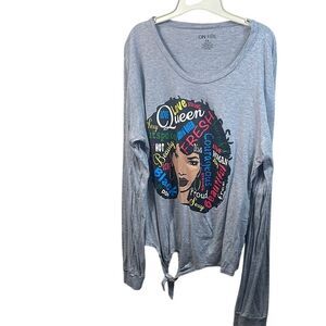 On Fire 3X Gray Long Sleeve T-Shirt Black Queen Graphic Tie Front Plus Size